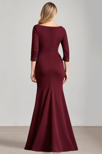 Burgundy Mermaid 3/4 Sleeves Long Mother of the Bride Dress with Slit